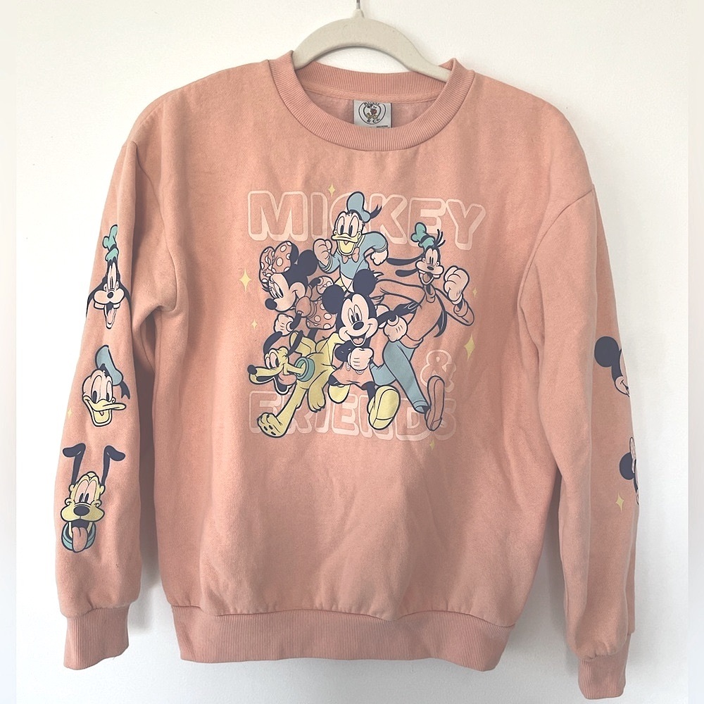 Mickey &. Co. Mickey Mouse and Friends, peach sweatshirt, size XS.